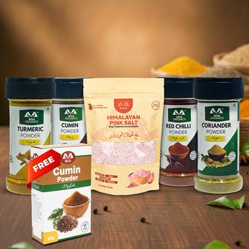 Pack of 5 Coriander 75g + Red Chilli 85g + Turmeric 100g + Cumin 100g + Pink Salt 400g + Free Box 50g
