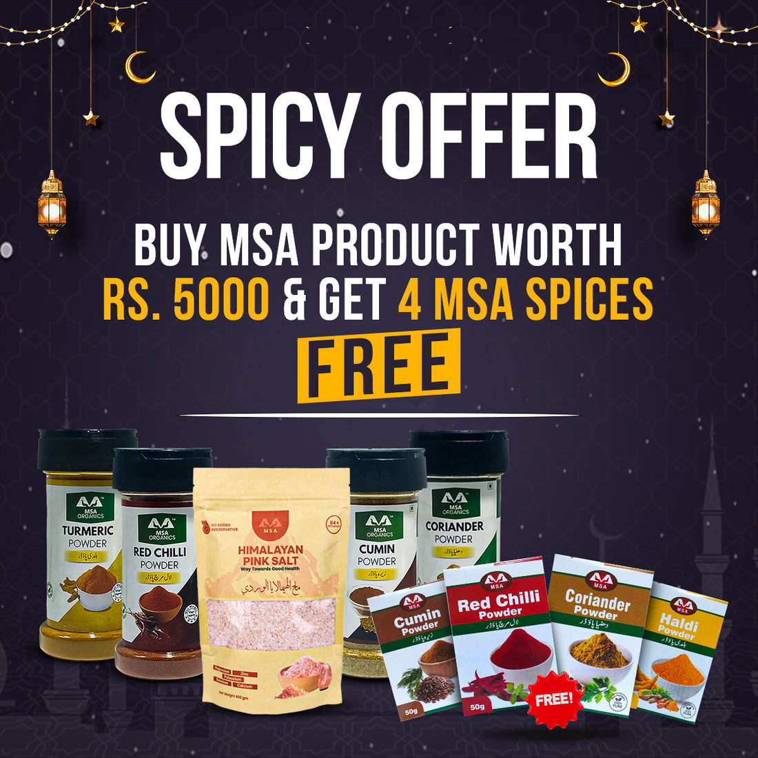 Promotional offer for MSA spices with product display on a dark background