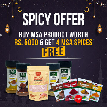 Promotional offer for MSA spices with product display on a dark background