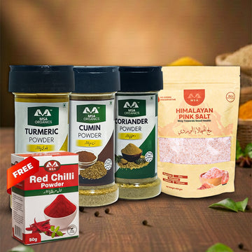 Pack of 4 Cumin 100g Bottle + Turmeric 100g Bottle + Coriander 75g Bottle + Pink Salt 400g + Free Box