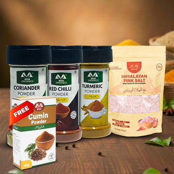 Pack of 4 Coriander 75g + Red Chilli 85g + Turmeric 100g + Pink Salt 400g + Free Box 50g