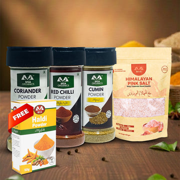 Pack of 4 Cumin 100g Bottle + Red Chilli 85g Bottle + Coriander 75g Bottle + Pink Salt 400g + Free Box