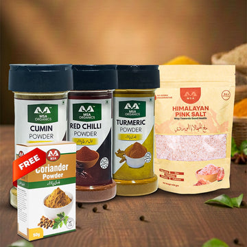 Pack of 4 Turmeric 100g Bottle + Red Chilli 85g Bottle + Cumin 100g Bottle + Pink Salt 400g + Free Box