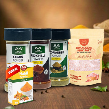 Pack of 4 Coriander 75g + Red Chilli 85g + Cumin 100g + Pink Salt 400g + Free Box 50g
