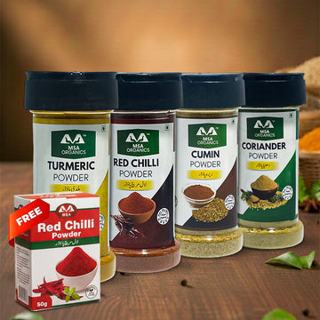 Pack of 4 Turmeric 100g Bottle + Red Chilli 85g Bottle + Coriander 75g Bottle + Cumin 100g Bottle + Free Box