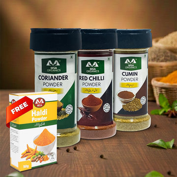 Pack of 3 Coriander 75g + Red Chilli 85g + Cumin 100g + Free Box 50g