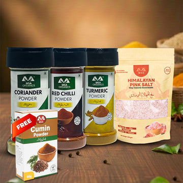 Pack of 4 Pink Salt 400g + Red Chilli 85g Bottle + Turmeric 100g Bottle + Coriander 75g Bottle + Free Box