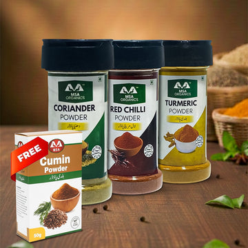 Pack of 3 Coriander 75g + Red Chilli 85g + Turmeric 100g + Free Box 50g