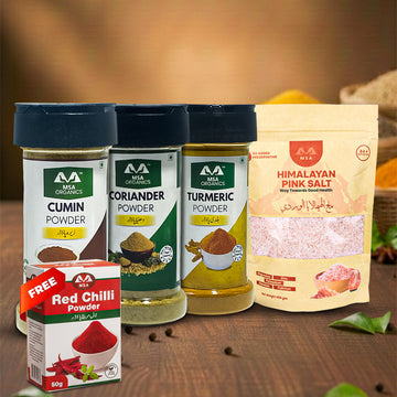 Pack of 4 Pink Salt 400g + Turmeric 100g Bottle + Coriander 75g Bottle + Cumin 100g Bottle + Free Box
