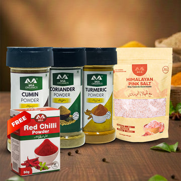 Pack of 4 Coriander 75g + Turmeric 100g + Cumin 100g + Pink Salt 400g + Free Box 50g
