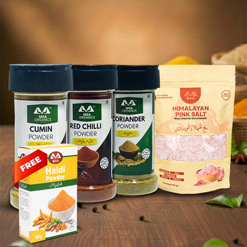 Pack of 4 Pink Salt 400g + Red Chilli 85g Bottle + Coriander 75g Bottle + Cumin 100g Bottle + Free Box
