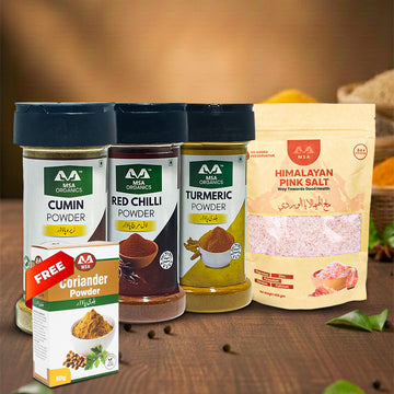 Pack of 4 Pink Salt 400g + Red Chilli 85g Bottle + Turmeric 100g Bottle + Cumin 100g Bottle + Free Box