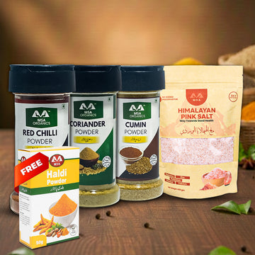 Pack of 4 Red Chilli 85g Bottle + Coriander 75g Bottle + Cumin 100g Bottle + Pink Salt 400g + Free Box