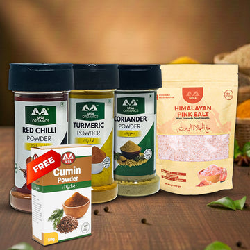 Pack of 4 Red Chilli 85g Bottle + Turmeric 100g Bottle + Coriander 75g Bottle + Pink Salt 400g + Free Box