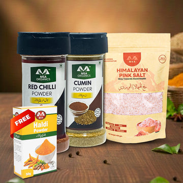 Pack of 3 Red Chilli 85g Bottle + Cumin 100g Bottle + Pink Salt 400g + Free Box