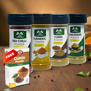 Pack of 4 Red Chilli 85g Bottle + Turmeric 100g Bottle + Coriander 75g Bottle + Cumin 100g Bottle + Free Box