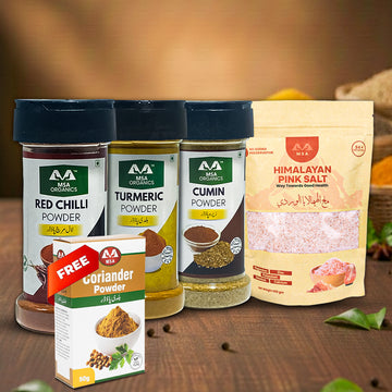 Pack of 4 Red Chilli 85g Bottle + Turmeric 100g Bottle + Cumin 100g Bottle + Pink Salt 400g + Free Box