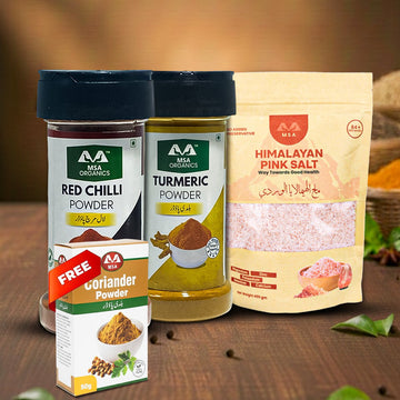 Pack of 3 Red Chilli 85g Bottle + Turmeric 100g Bottle + Pink Salt 400g + Free Box