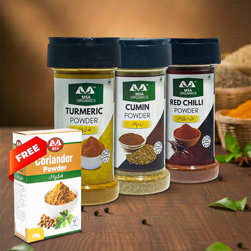 Pack of 3 Turmeric 100g Bottle + Red Chilli 85g Bottle + Cumin 100g Bottle + Free Box