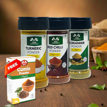 Pack of 3 Turmeric 100g Bottle + Red Chilli 85g Bottle + Coriander 75g Bottle + Free Box